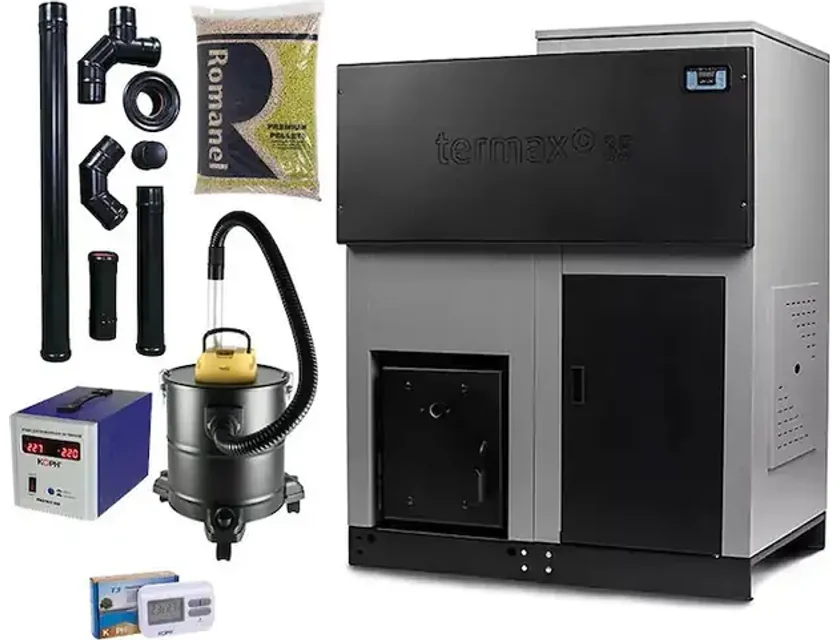 Pachet centrala cu peleti Termax ECO GRI 35 kW, 220 mp, buncar peleti 130 kg, diametru cos fum ⌀80 mm, volum apa 95 litri