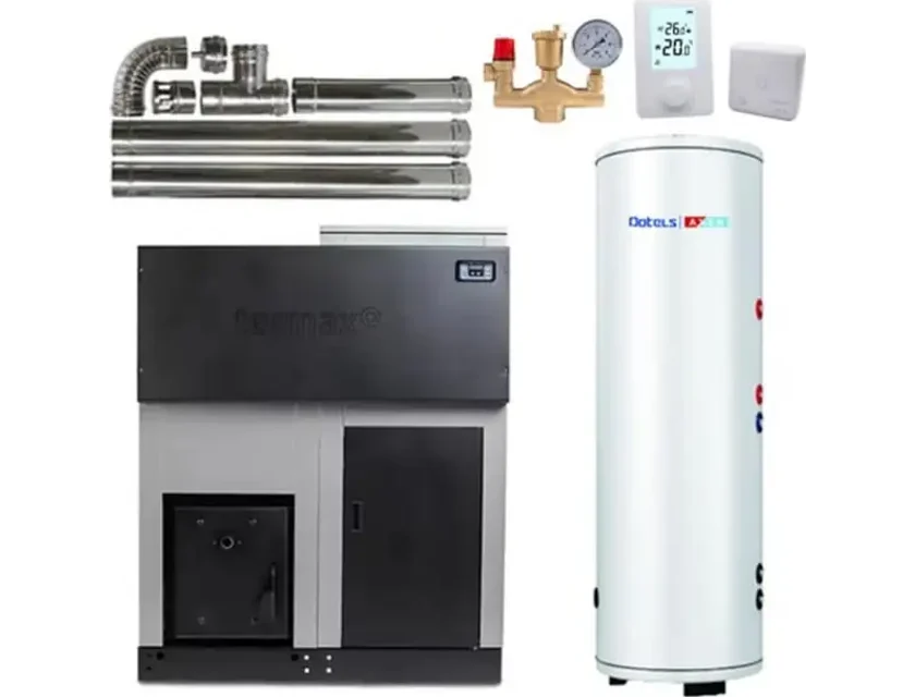 Pachet centrala cu peleti Termax ECO GRI 35 kW, 220 mp, buncar peleti 130 kg, volum apa 95 litri, diametru cos fum ⌀80 mm, Boiler stativ cu serpentina marita 2 in 1 ACM & Buffer, Grup siguranta, Termostat 303RF KOPH si Kit cos fum interior