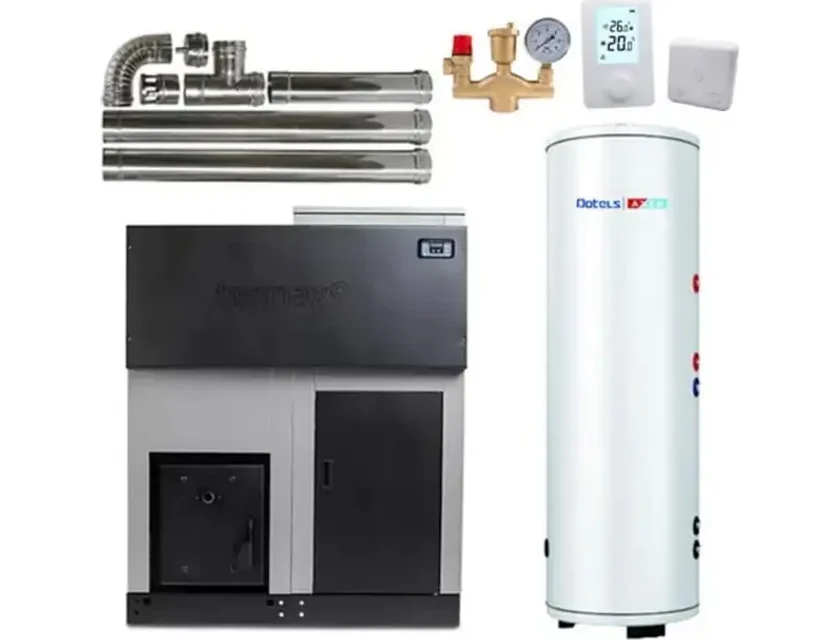 Pachet centrala cu peleti Termax ECO GRI 50 kW, 330 mp, buncar peleti 170 kg, volum apa 150 litri, diametru cos fum ⌀120 mm, Boiler stativ cu serpentina marita 2 in 1 ACM & Buffer, Grup siguranta, Termostat 303RF KOPH si Kit cos fum interior