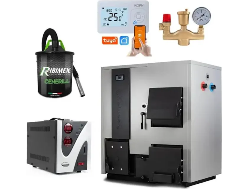 Pachet centrala mixta lemn/pelet Termax Combo 35 kW, volum manta apa 122 litri, Grup siguranta, Stabilizator tensiune, Termostat inteligent KOPH I302 si Aspirator cenusa 1000 W