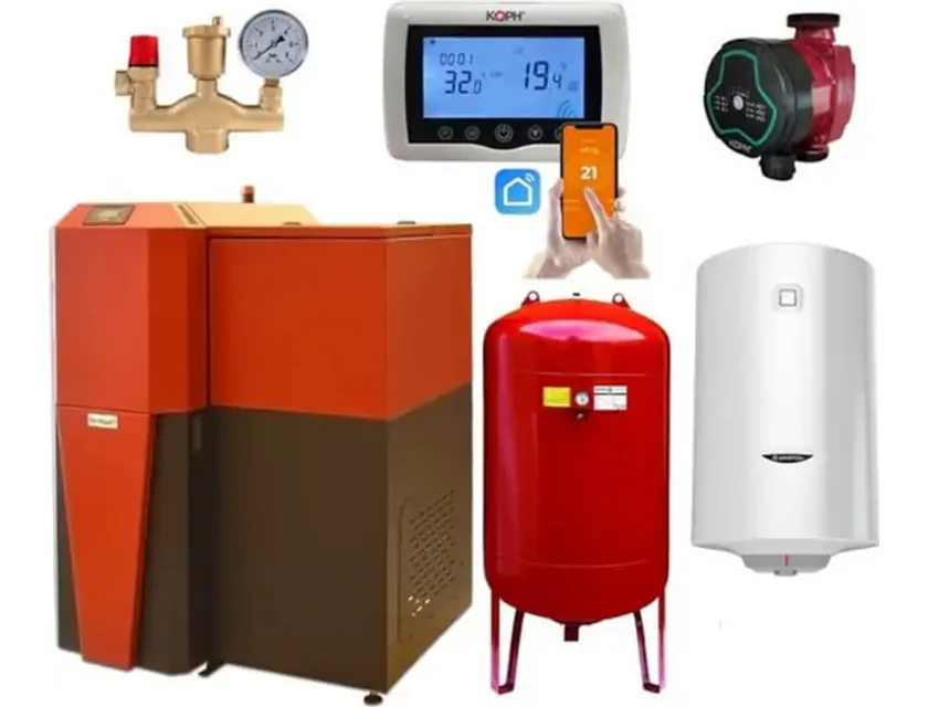 Pachet centrala mixta lemn/pelet Termax Tera 28 kW, 185 mp, buncar peleti 95 kg, volum manta apa 75 litri, diametru cos Ø120 mm, Termostat ambiental KOPH CT99, Pompa recirculare, Boiler termoelectric 100 litri, Grup siguranta