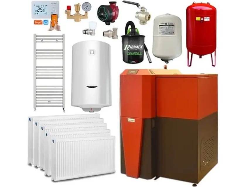 Pachet centrala mixta lemn/pelet Termax Tera 28 kW, 185 mp, buncar peleti 95 kg, volum manta apa 75 litri, diametru cos Ø120 mm, Termostat inteligent KOPH I302, Pompa recirculare, Boiler termoelectric 100 litri, Grup siguranta, Calorifere si Robineti