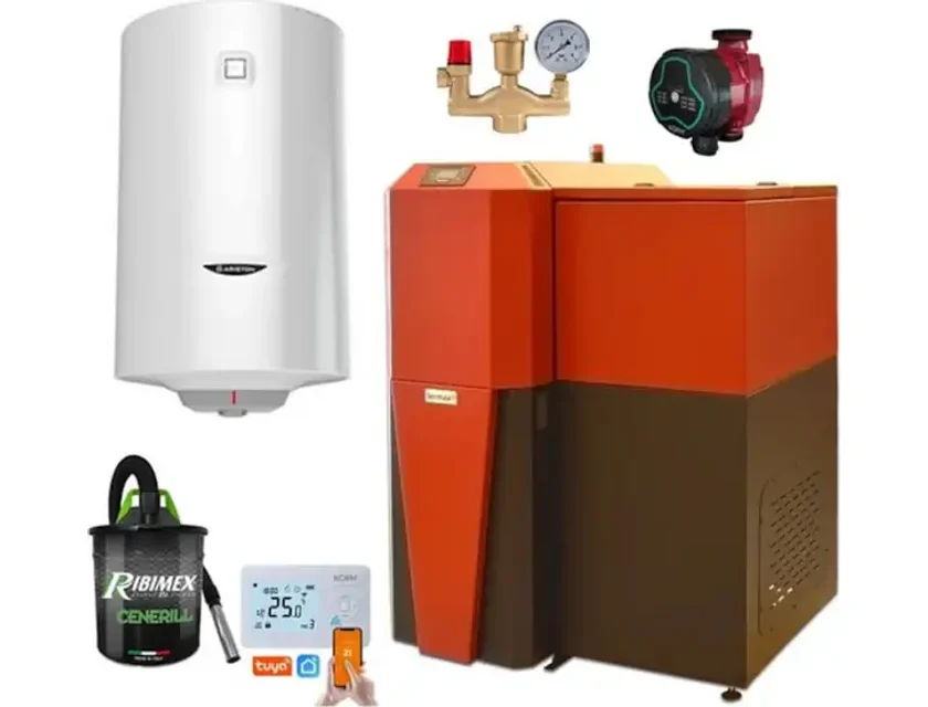 Pachet centrala mixta lemn/pelet Termax Tera 28 kW, 185 mp, buncar peleti 95 kg, volum manta apa 75 litri, diametru cos Ø120 mm, Termostat inteligent KOPH I302, Pompa recirculare, Boiler termoelectric Ariston 100 litri, Grup siguranta, Aspirator cenusa