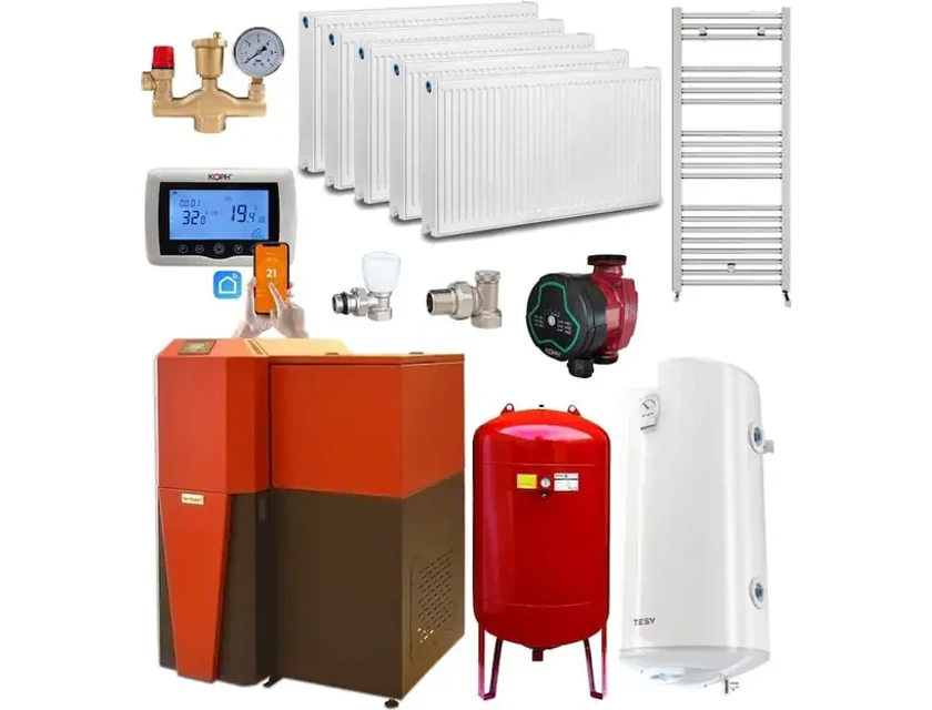 Pachet centrala mixta lemn/pelet Termax Tera 28 kW, 185 mp, buncar peleti 95 kg, volum manta apa 75 litri, diametru cos Ø120 mm, Termostat ambiental KOPH CT99, Pompa recirculare, Boiler termoelectric 100 litri, Grup siguranta, Calorifere si Robineti