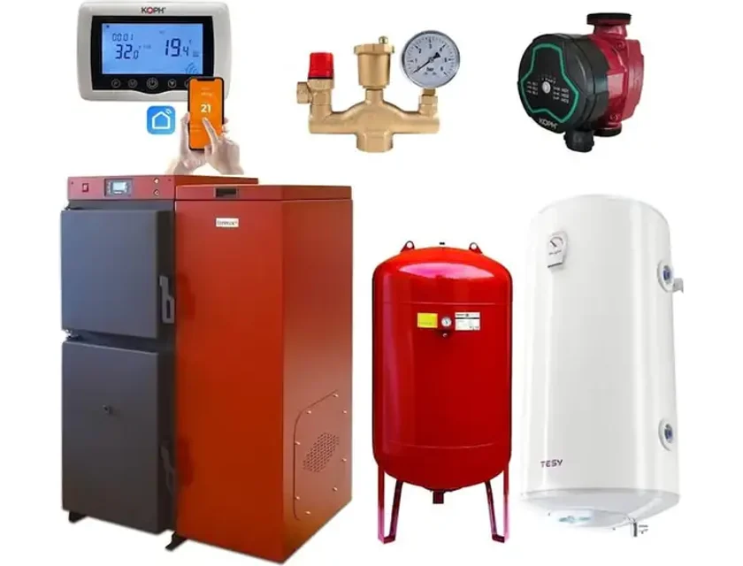 Pachet centrala mixta lemn/pelet Termax Tera 40 kW, 265 mp, buncar peleti 120 kg, volum manta apa 100 litri, diametru cos Ø120 mm, Termostat ambiental KOPH CT99, Pompa recirculare, Boiler termoelectric 100 litri, Grup siguranta