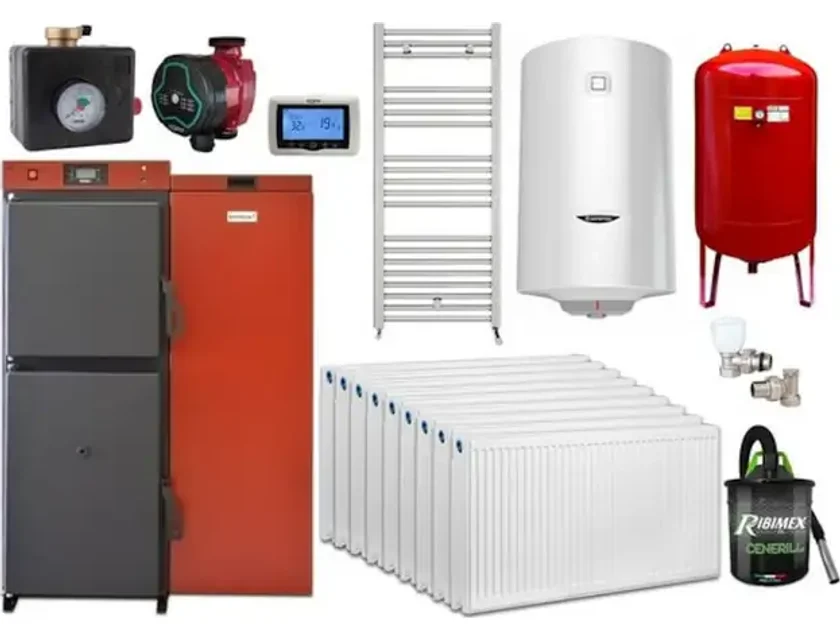 Pachet centrala mixta lemn/pelet Termax Tera 40 kW, 265 mp, buncar peleti 120 kg, volum manta apa 100 litri, diametru cos Ø120 mm, Termostat ambiental KOPH CT99, Calorifere, Robineti, Pompa recirculare, Boiler termoelectric 100 litri, Grup siguranta