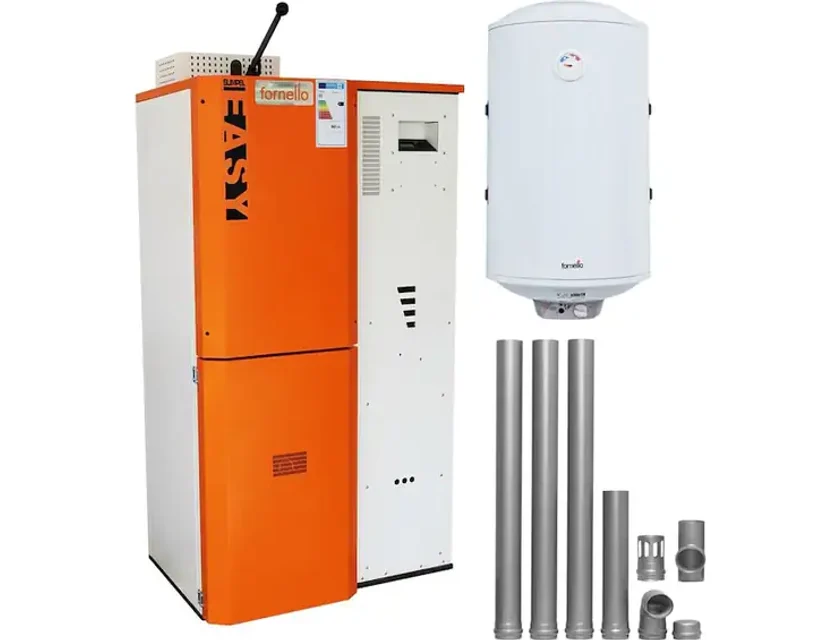 Pachet Centrala pe peleti Fornello Simpell Easy 40 kw, arzator din inox, pompa de circulatie, tiraj fortat, buncar 88 kg, Ecodesign A+, Boiler Termoelectric Fornello 100l, kit evacuare 100 mm, 3,5 metri si reductie 100 -120 mm