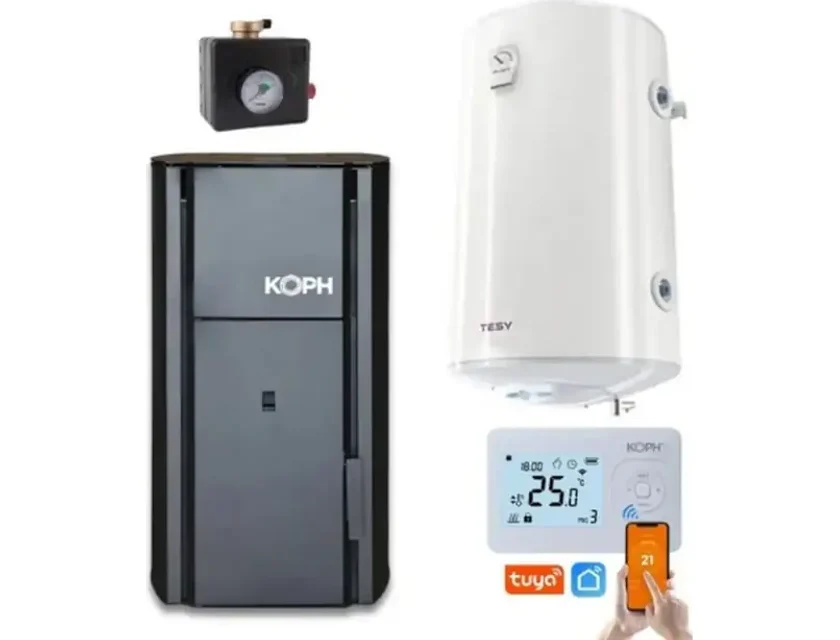 Pachet centrala pe peleti KOPH PM 25 kW, 160 mp, termostat inteligent KOPH i302, grup de siguranta si boiler termoelectric 100 litri