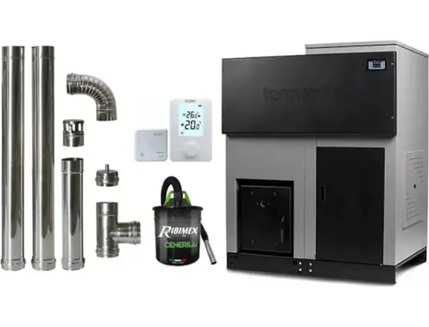 Pachet economic, Centrala cu peleti Termax ECO GRI 50 kW, 330 mp, buncar peleti 170 kg, volum apa 150 litri, diametru cos fum ⌀120 mm + Termostat ambiental KOPH 303RF + Aspirator cenusa 1000W + Cos fum inox de interior ⌀120 mm