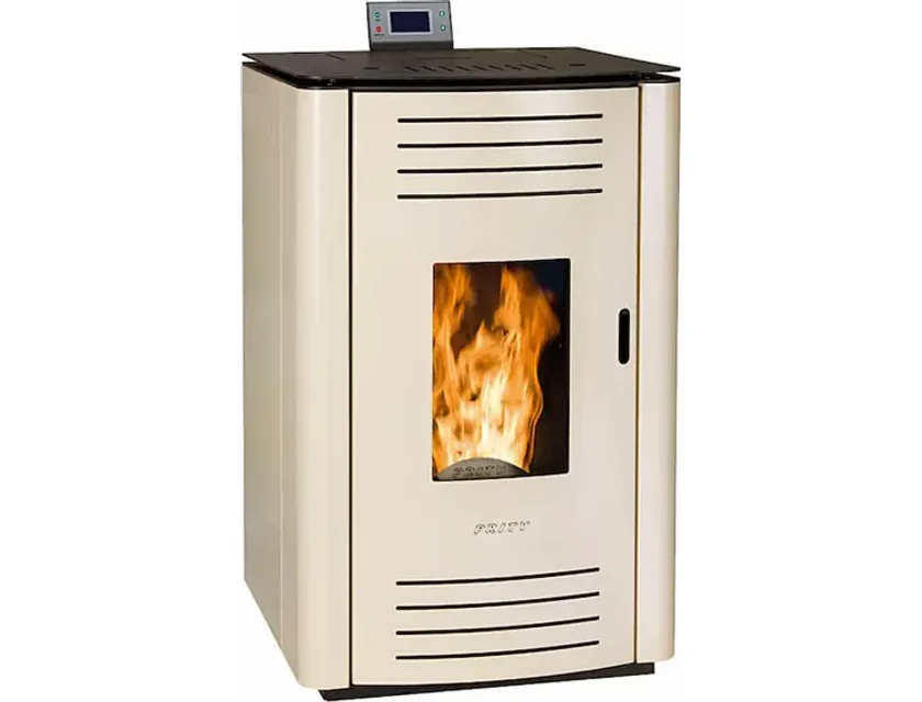 Termosemineu pe peleti, Prity PLW11, 13kW, pompa de circulatie, tiraj fortat, suprafata pana la 130 metri patrati, culoare Ivory